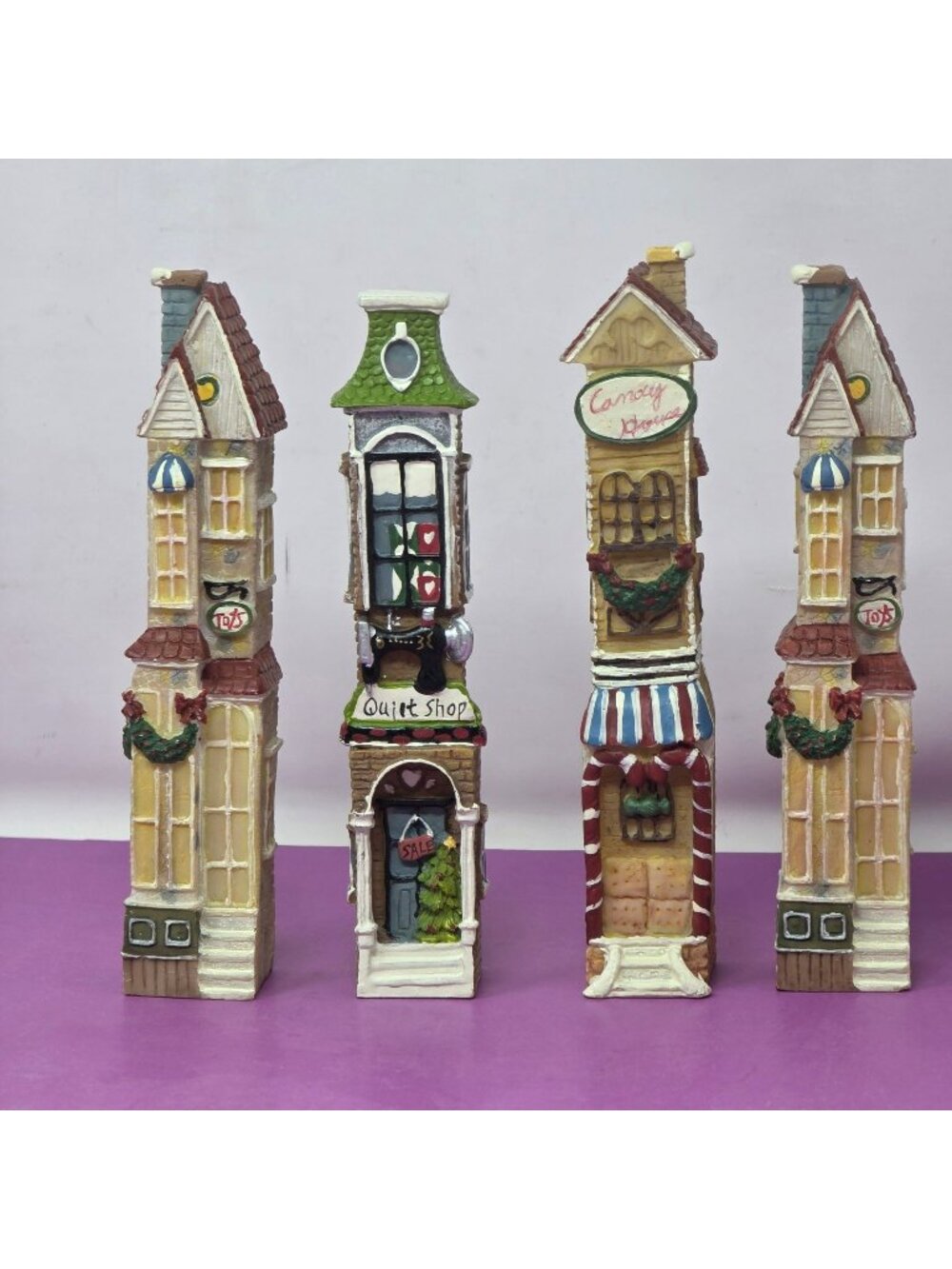 Set Of4 Hand-Painted Ceramic Christmas Village Buildings Quilt Shop Candy House